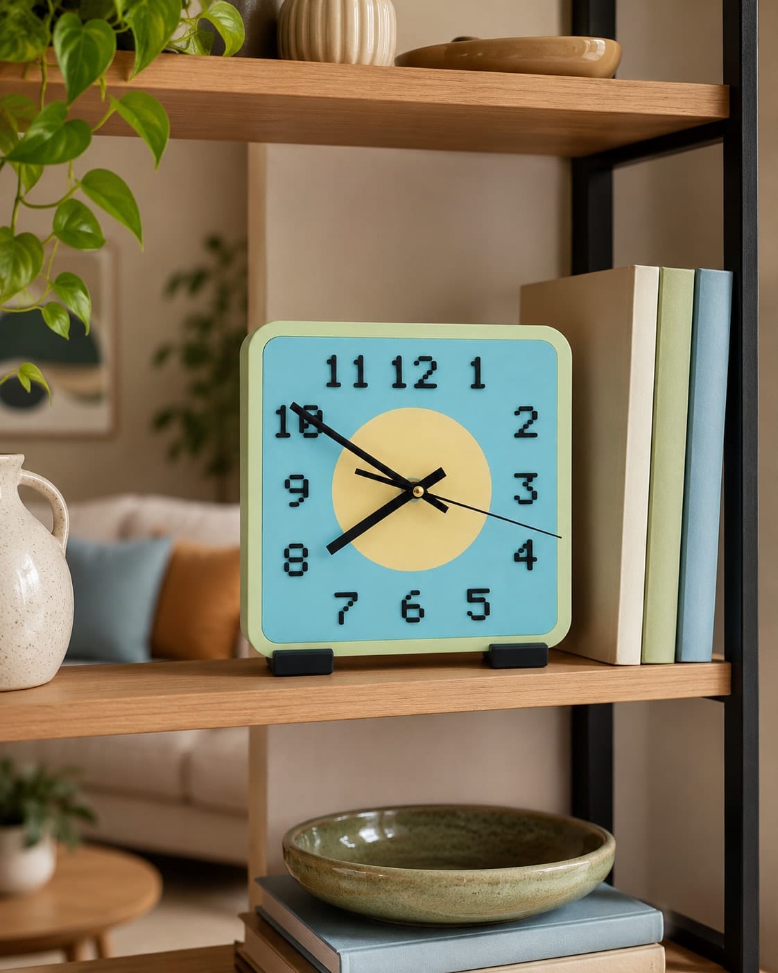 Pop Clock mit Füßchen freistehend im Regal