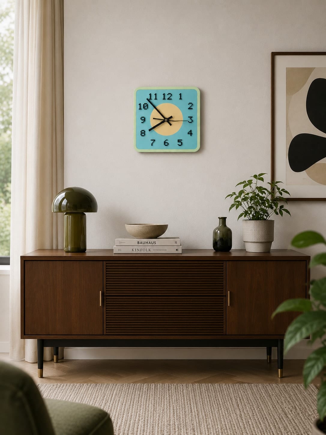Pop Clock hängend über einer Kommode