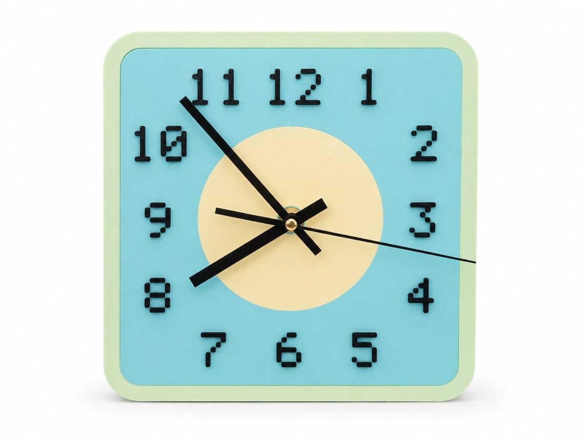 Frontansicht der Pop Clock – minzgrüner Rahmen, himmelblaues Ziffernblatt