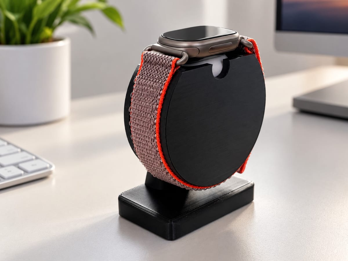 CleanHold Air Curve in Schwarz mit Google Fitbit Edge auf einem hellen Schreibtisch – der Tracker lädt aufrecht im Ständer