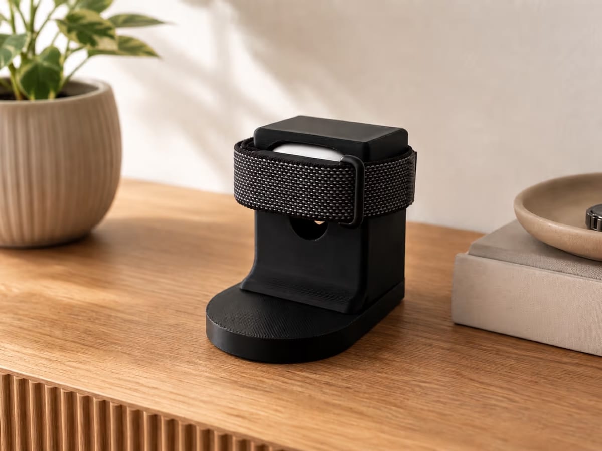 CleanHold Air in Schwarz mit eingesetztem Tracker auf einem Schreibtisch – aufgeräumtes Setup