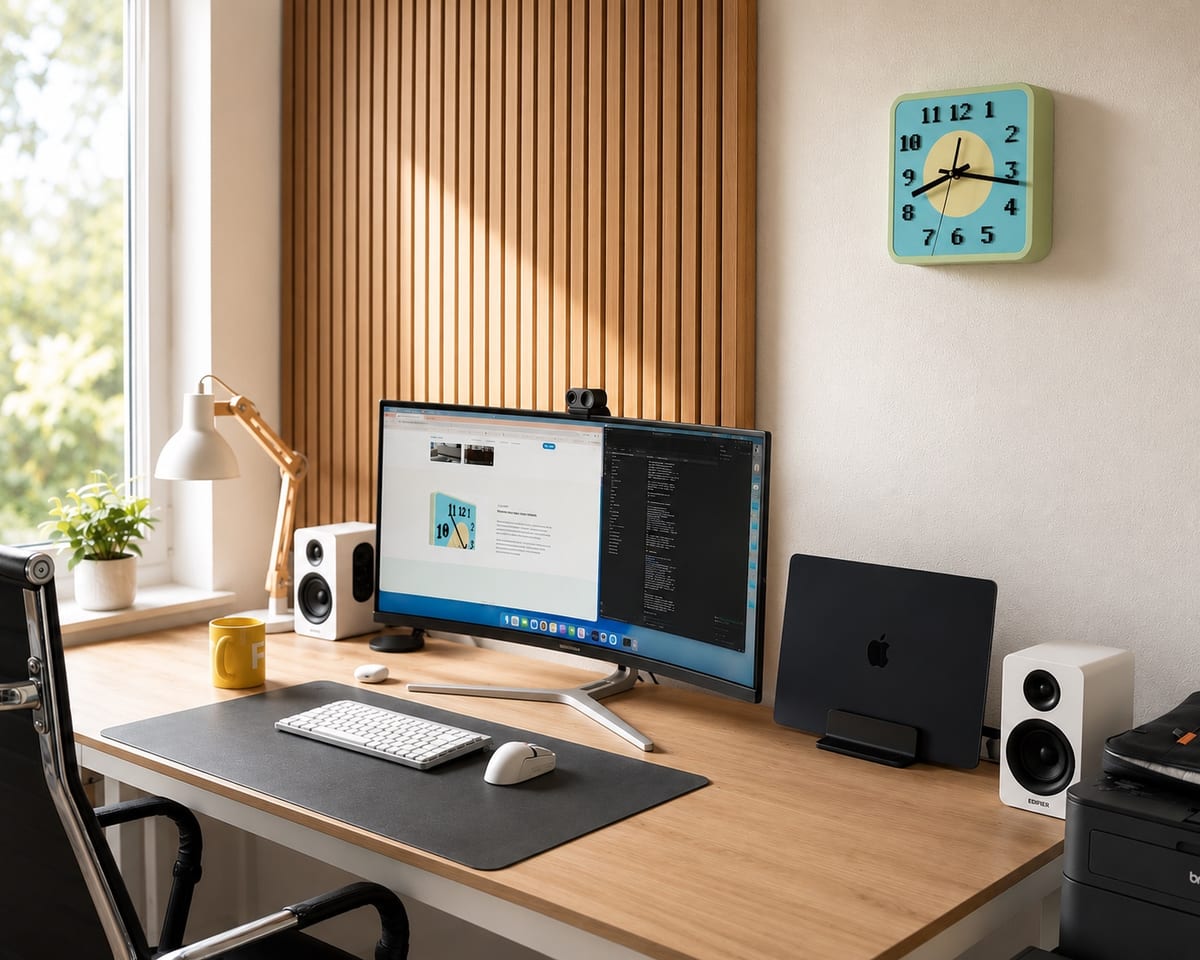 Heller Arbeitsplatz mit Holz-Lamellenwand, Pflanze und der mintgrünen Pop-Clock-Wanduhr – ein Ort zum Wohlfühlen