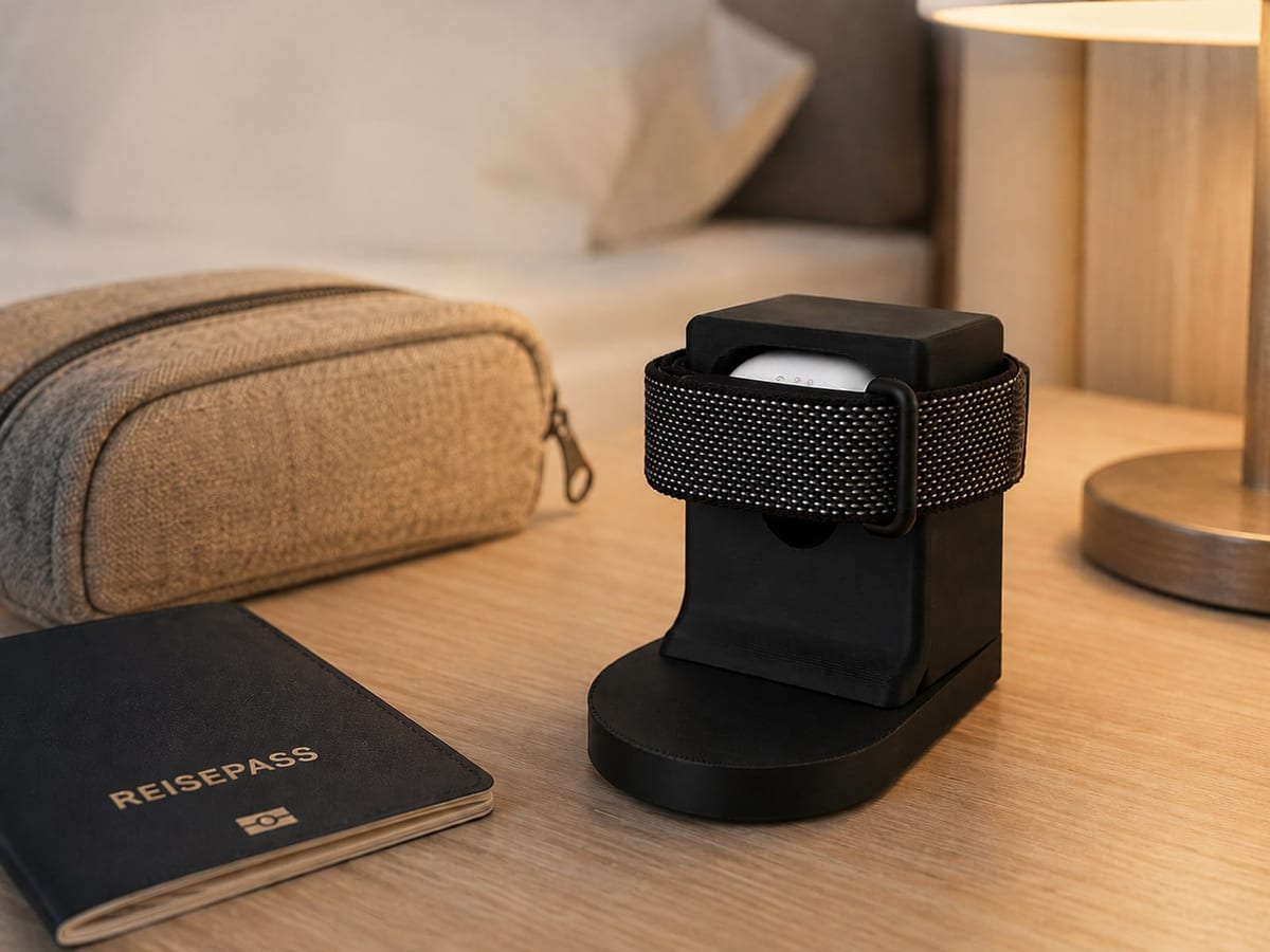 CleanHold Air in Schwarz mit eingelegtem Google Fitbit Air, bereit fürs Reisegepäck