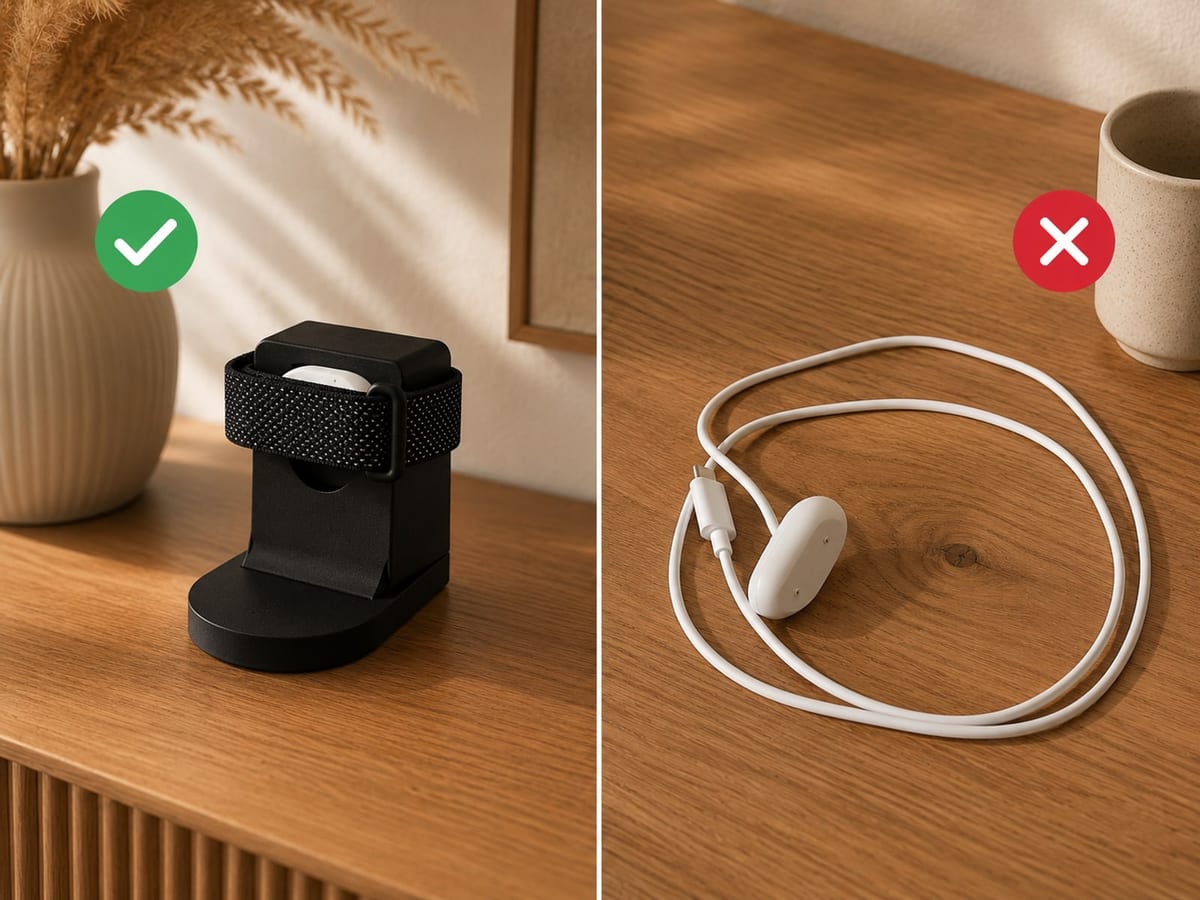 Vergleich: loses Original-Ladekabel neben der CleanHold Air Dockingstation für den Google Fitbit Air