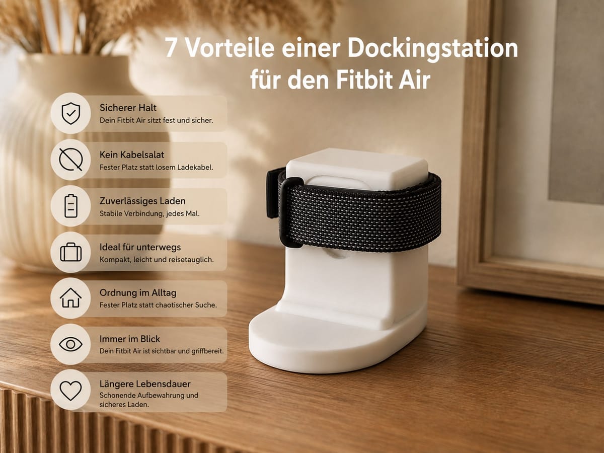 CleanHold Air Dockingstation mit eingelegtem Google Fitbit Air und gehaltenem Ladekabel