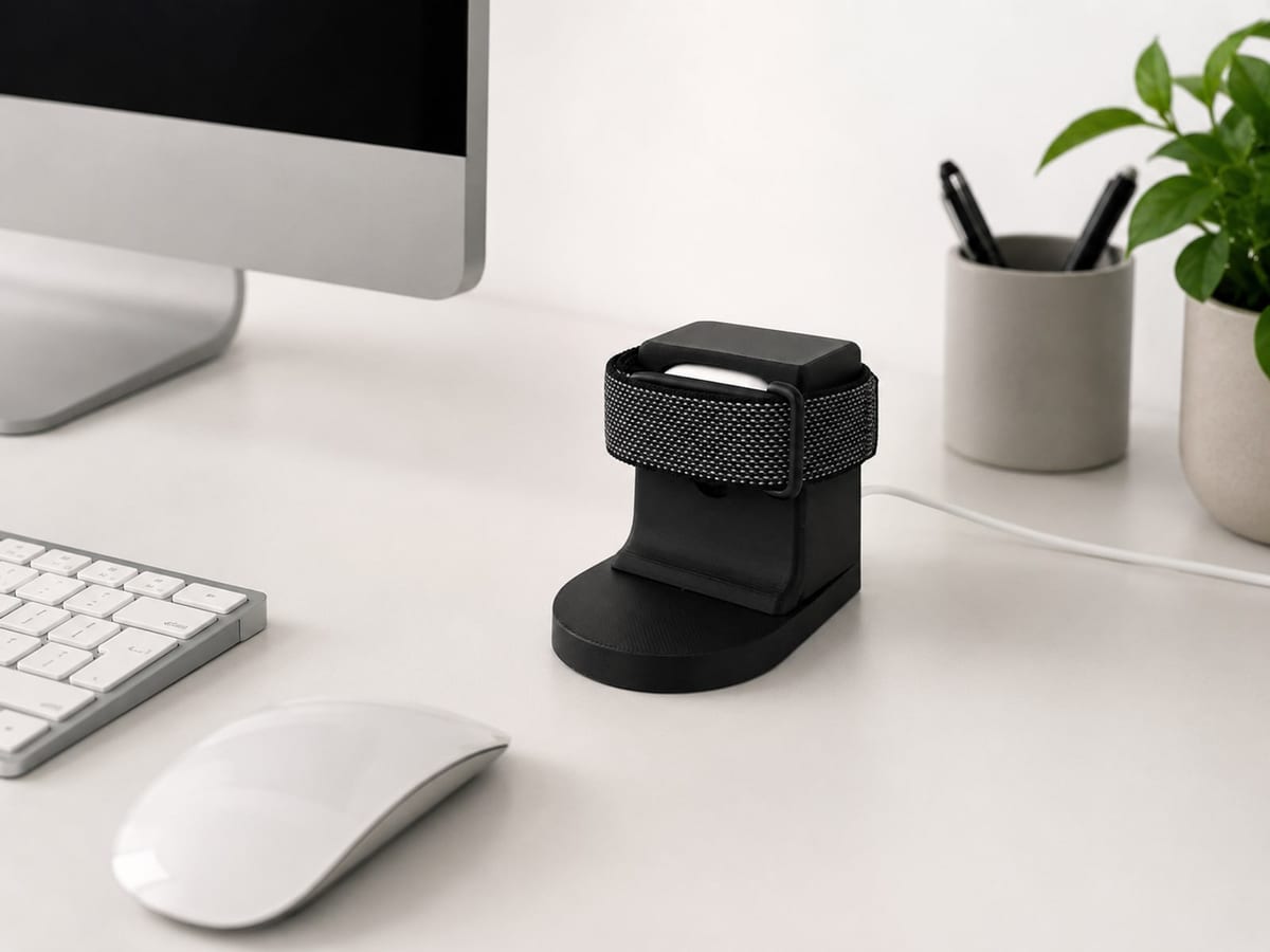 CleanHold Air in Schwarz auf einem aufgeräumten Schreibtisch neben Monitor und Tastatur mit Google Fitbit Air