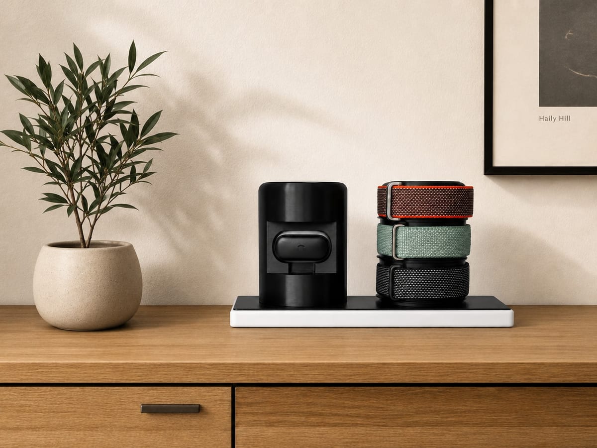 CleanHold Station auf einer Holzkommode neben einer Pflanze – Smartwatch-Dock im Wohnraum