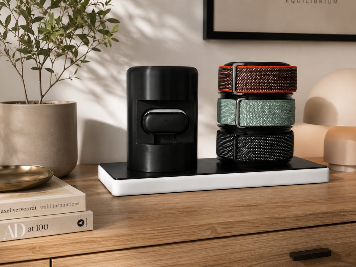 CleanHold Station auf einem Holz-Sideboard im warmen Licht – Ladepuck eingesetzt, drei Armbänder griffbereit auf dem Armband-Turm